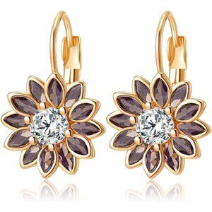 Austrian Crystal Flower Drop Leverback Earrings for Women Fashion 14K Gold